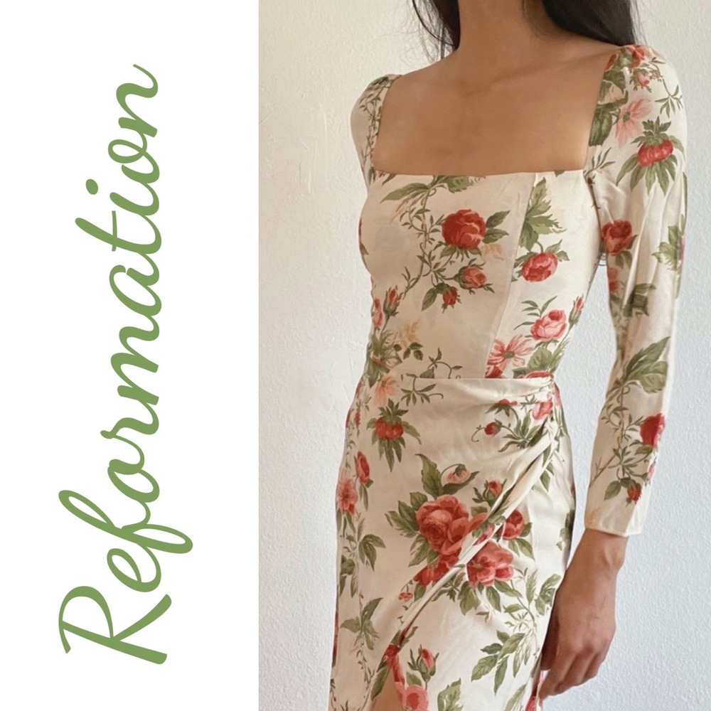 REFORMATION Hilda Floral Midi Square Neck Bodycon Dress Jardin NWT Size 4 - Picture 14 of 14